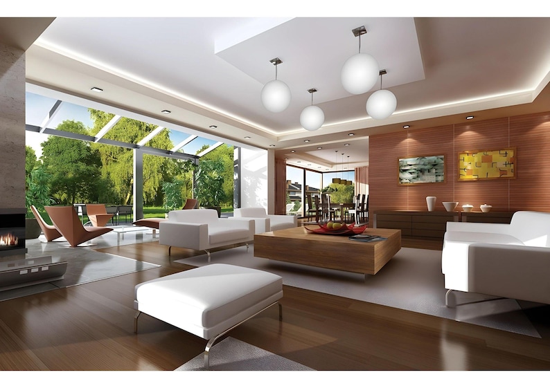 May include: A spacious living room featuring white upholstered sofas and a matching ottoman, a large square wooden coffee table, and four spherical pendant lights hanging from a recessed ceiling. The room includes wood paneling and glass walls.