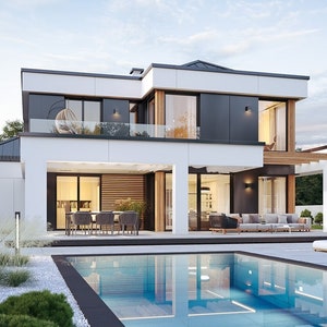 Backyard view of a luxurious modern house with a pool, patio, and Scandinavian-inspired architecture, suitable for villa plans or Scandinavian house designs.