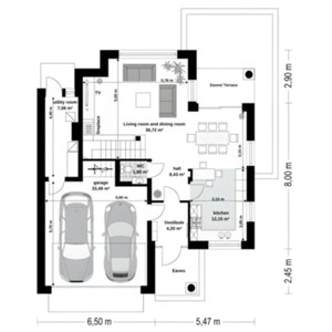 Ground floor architectural floor plan with detailed room dimensions, including a garage and open living spaces. Suitable for house blueprint or floor plans.