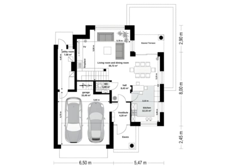 Ground floor architectural floor plan with detailed room dimensions, including a garage and open living spaces. Suitable for house blueprint or floor plans.