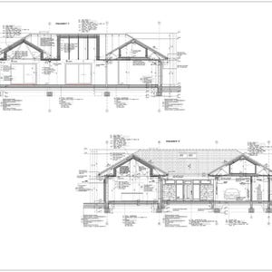 May include: A technical architectural drawing featuring two cross-section views of a residential building. The black and white blueprints display structural details, roof pitches, foundation lines, and interior wall layouts with extensive annotations.