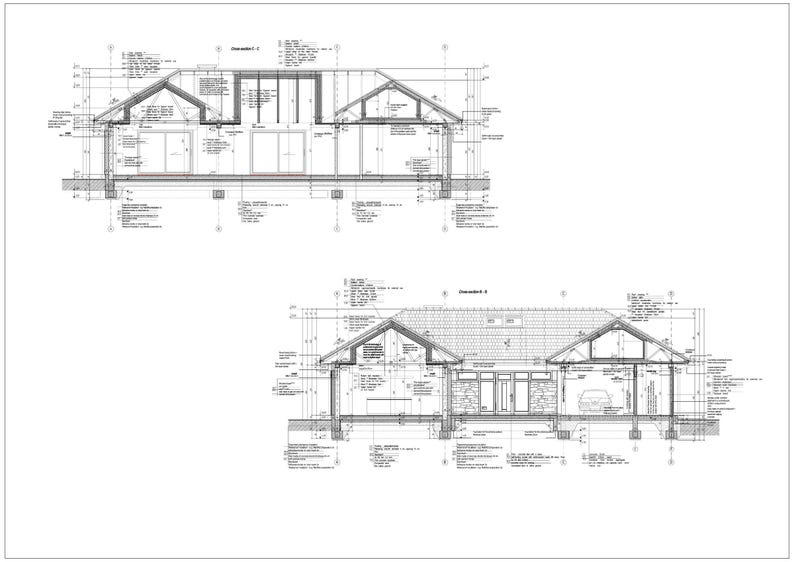 May include: A technical architectural drawing featuring two cross-section views of a residential building. The black and white blueprints display structural details, roof pitches, foundation lines, and interior wall layouts with extensive annotations.