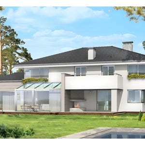 May include: A two-story house with white exterior walls, a dark gray tiled roof, and a chimney. The structure features a glass-enclosed sunroom, a balcony with a metal railing, large windows, and an outdoor fireplace on the ground level patio.
