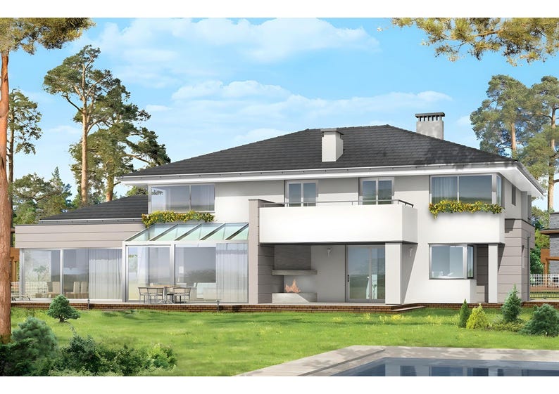 May include: A two-story house with white exterior walls, a dark gray tiled roof, and a chimney. The structure features a glass-enclosed sunroom, a balcony with a metal railing, large windows, and an outdoor fireplace on the ground level patio.