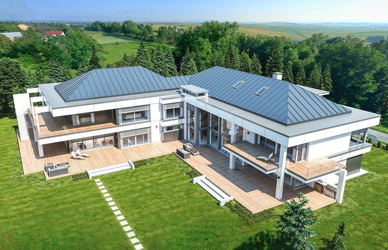 Top view of a modern L-shaped house with large terraces and an open layout, surrounded by greenery. Perfect for modern architectural plans.