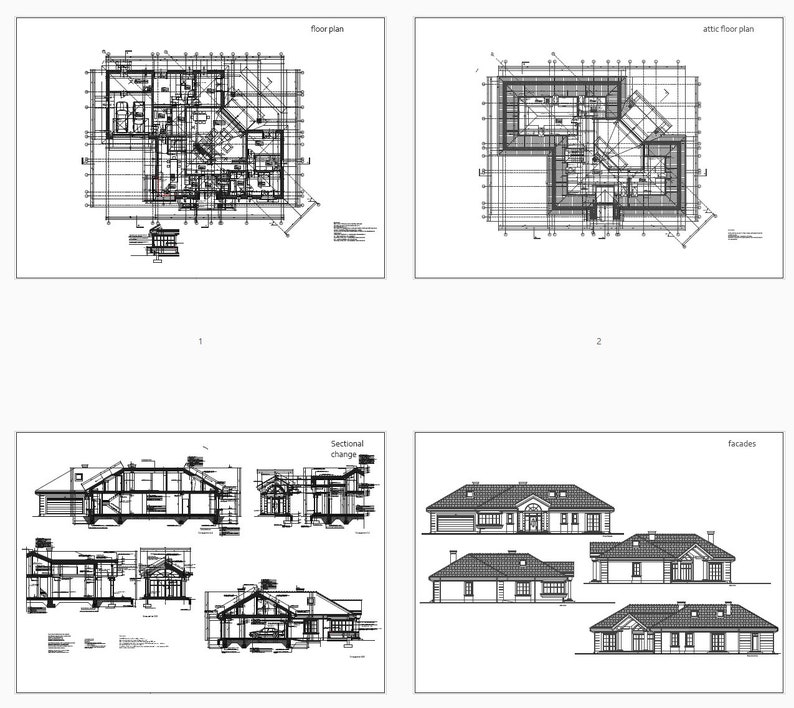 Comprehensive architectural blueprints including floor plans, attic plans, sectional drawings, and facades. Ideal for modern house plans and construction projects. Detailed designs for precise building and visualization of the final structure.