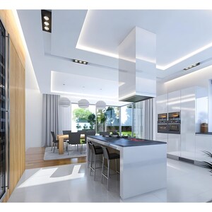 Contemporary kitchen and dining area with sleek modern design, central island, and built-in appliances. Large windows bring in natural light, making it perfect for modern house plans. Ideal for stylish and functional living spaces.