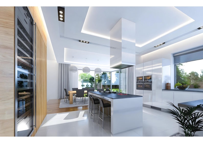 Contemporary kitchen and dining area with sleek modern design, central island, and built-in appliances. Large windows bring in natural light, making it perfect for modern house plans. Ideal for stylish and functional living spaces.