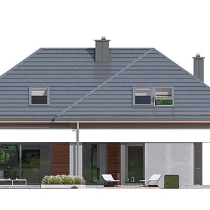 May include: A two-story house with a gray tiled hip roof, two chimneys, and two roof windows. The exterior features white walls, horizontal wood paneling, and large glass sliding doors on the ground floor with outdoor patio furniture.