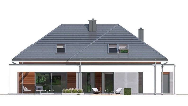 May include: A two-story house with a gray tiled hip roof, two chimneys, and two roof windows. The exterior features white walls, horizontal wood paneling, and large glass sliding doors on the ground floor with outdoor patio furniture.
