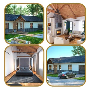 Barndominium house design showcasing exterior views, cozy living room with fireplace, and modern bedroom. Perfect for modern house plans, cottage house plans, and tiny home plans. Combines rustic charm with contemporary comfort.