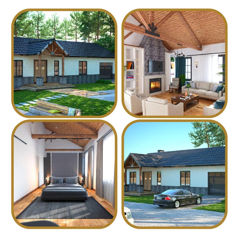 Barndominium house design showcasing exterior views, cozy living room with fireplace, and modern bedroom. Perfect for modern house plans, cottage house plans, and tiny home plans. Combines rustic charm with contemporary comfort.