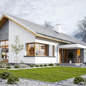 Front view of a modern Scandinavian house with a gable roof, large driveway, and elegant landscaping. This home is designed for comfort and includes architectural floor plans and tiny home inspiration.