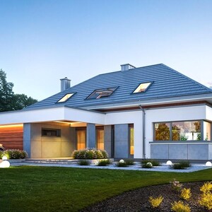 May include: A modern one-story house with a blue tiled roof, white walls, and wood paneling accents. The exterior features large windows, a covered entrance, and a silver car parked on the side. The front yard has green grass and lights.