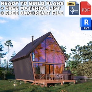 Ready-to-build A-frame cottage house plans with a full glass front, free material list, DWG, and Revit files included. Ideal for modern tiny home plans, small cabin layouts, or unique house blueprint designs.