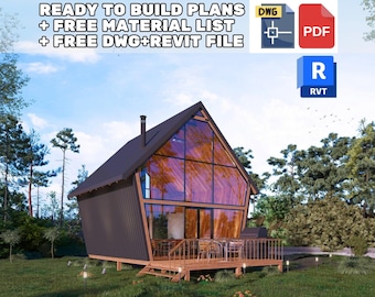 May include: A 3D rendering of a modern cabin with a large glass wall and a wooden deck. The cabin is surrounded by trees and has a black roof. The text "READY TO BUILD PLANS + FREE MATERIAL LIST + FREE DWG+REVIT FILE" is displayed above the cabin.