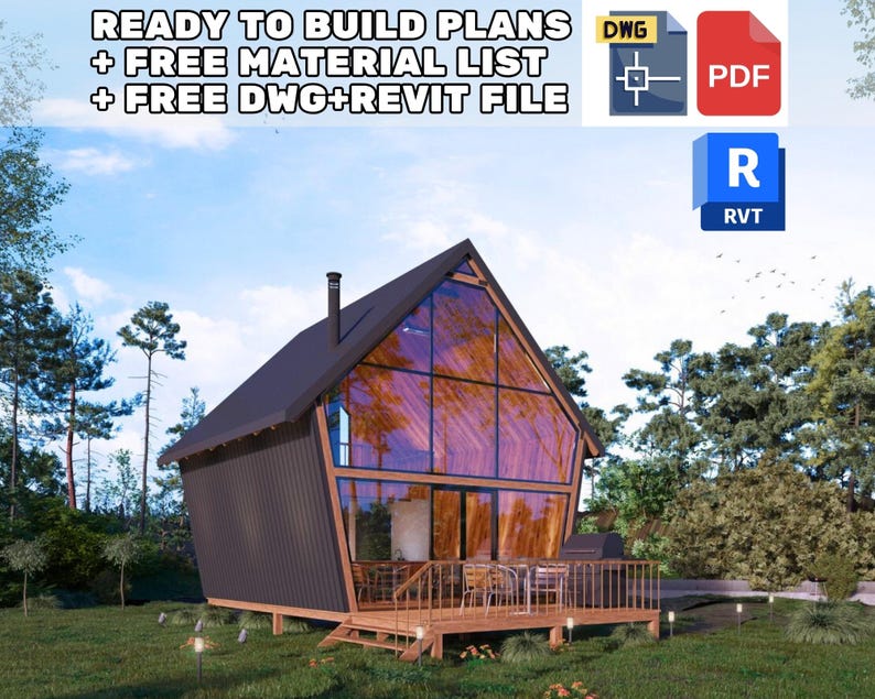 Ready-to-build A-frame cottage house plans with a full glass front, free material list, DWG, and Revit files included. Ideal for modern tiny home plans, small cabin layouts, or unique house blueprint designs.