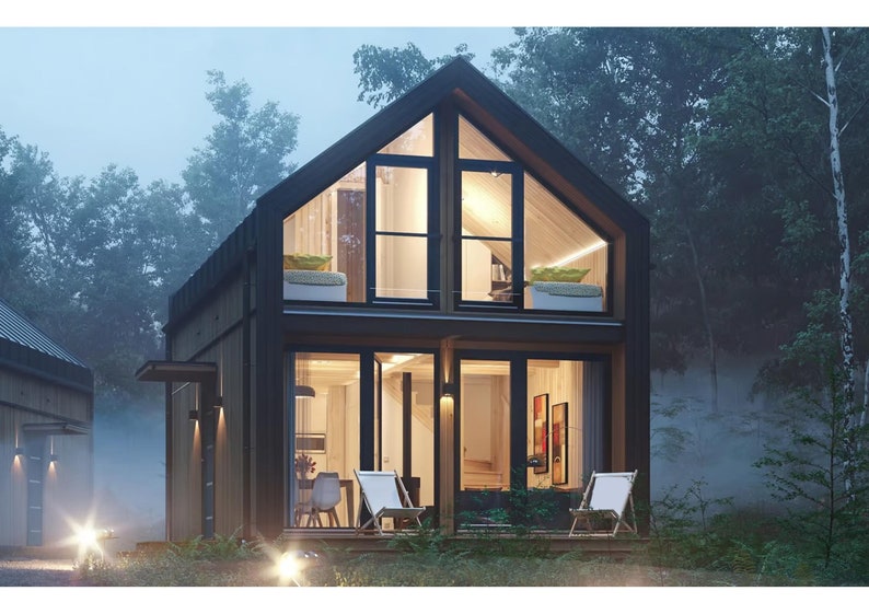 Cozy modern cabin with large glass windows and a pitched roof, surrounded by a misty forest. Warm interior lighting creates an inviting atmosphere, blending contemporary design with natural tranquility.