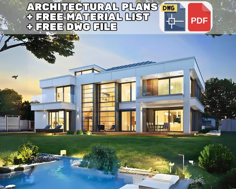 Modern two-story house with a sleek glass facade, spacious outdoor area, and warm interior lighting. Ideal for showcasing modern house plans and floor plans.