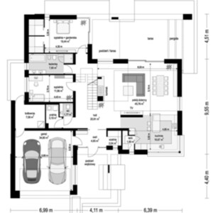 May include: A black and white architectural floor plan of a single-story house featuring a two-car garage, a central hall, a living room with a dining area, a kitchen, multiple bedrooms, bathrooms, and an outdoor terrace with a pergola.