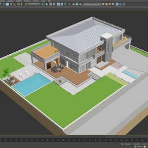 3D Model of Modern Villa
3D rendered model of a modern two-story house featuring a swimming pool, large terrace, and garage. Great for house blueprints and floor plans.