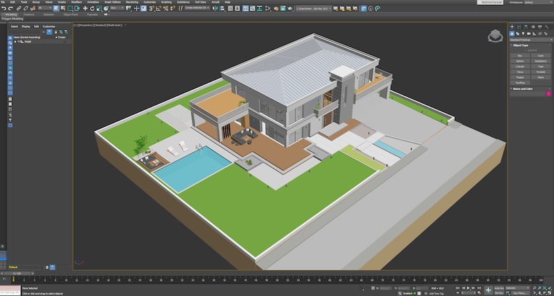 3D Model of Modern Villa
3D rendered model of a modern two-story house featuring a swimming pool, large terrace, and garage. Great for house blueprints and floor plans.