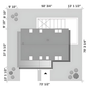 Site plan showcasing the layout of a modern house with precise dimensions and landscaping details. Ideal for house blueprint designs and architectural planning.