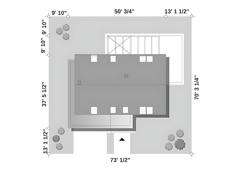 Site plan showcasing the layout of a modern house with precise dimensions and landscaping details. Ideal for house blueprint designs and architectural planning.