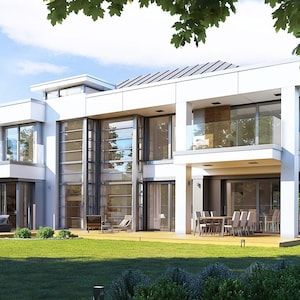 May include: A modern, two-story house with a white exterior, large glass windows, and a flat roof. The house has a balcony, a patio with a dining table, and a well-maintained green lawn. The sky is blue with some clouds.