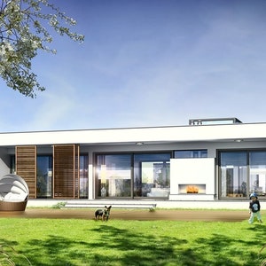 Front view of a modern single-story home with large windows and a cozy outdoor deck. Perfect for tiny house plans or minimalist Scandinavian designs.
