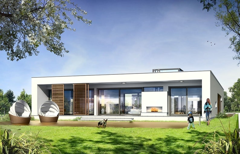 Front view of a modern single-story home with large windows and a cozy outdoor deck. Perfect for tiny house plans or minimalist Scandinavian designs.