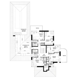Second floor plan showcasing a spacious layout with multiple bedrooms, bathrooms, recreational areas, and balconies. Includes access to the pool area for luxurious modern living. Perfect for detailed architectural designs and house blueprints.