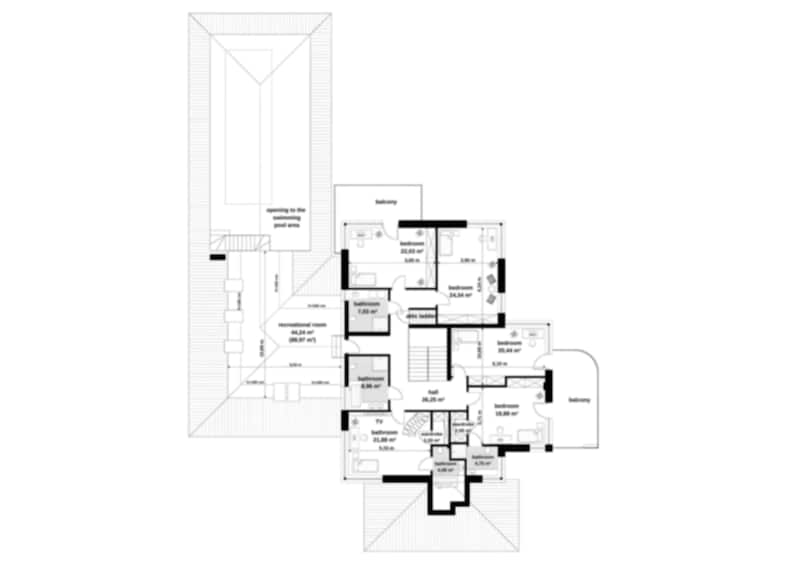 Second floor plan showcasing a spacious layout with multiple bedrooms, bathrooms, recreational areas, and balconies. Includes access to the pool area for luxurious modern living. Perfect for detailed architectural designs and house blueprints.