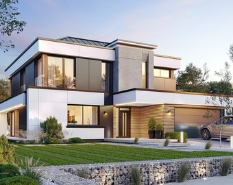May include: A modern two-story house with a white and gray exterior, a wooden garage door, and a gray car parked in the driveway. The house has large windows and a flat roof.