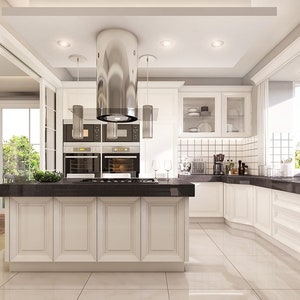Elegant White Kitchen with Island and Modern Appliances – A spacious kitchen design with white cabinets, a sleek island, and ample natural light. Suitable for modern house plans and small cabin plans.
