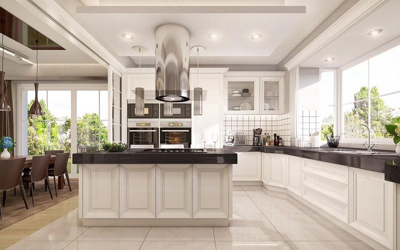Elegant White Kitchen with Island and Modern Appliances – A spacious kitchen design with white cabinets, a sleek island, and ample natural light. Suitable for modern house plans and small cabin plans.
