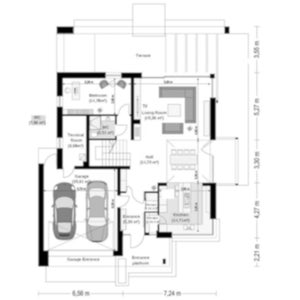 Ground floor plan with integrated garage, open kitchen-living area, bedroom, and technical rooms. Suitable for house blueprint or townhouse plans with modern features.