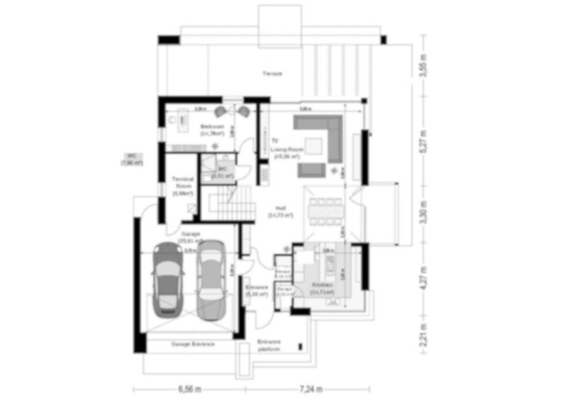 Ground floor plan with integrated garage, open kitchen-living area, bedroom, and technical rooms. Suitable for house blueprint or townhouse plans with modern features.