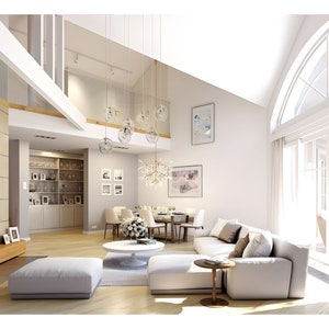 Luxurious modern living room design with open concept, high ceilings, and a cozy fireplace. Large windows provide natural light, making it ideal for modern house plans or cottage house plans. A perfect blend of elegance and comfort for any home.