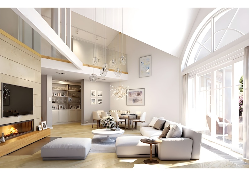 Luxurious modern living room design with open concept, high ceilings, and a cozy fireplace. Large windows provide natural light, making it ideal for modern house plans or cottage house plans. A perfect blend of elegance and comfort for any home.
