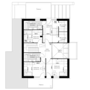 First-floor plan featuring multiple bedrooms, bathrooms, and a spacious terrace. Designed for villa plans or luxury modern house plans with ample living space.