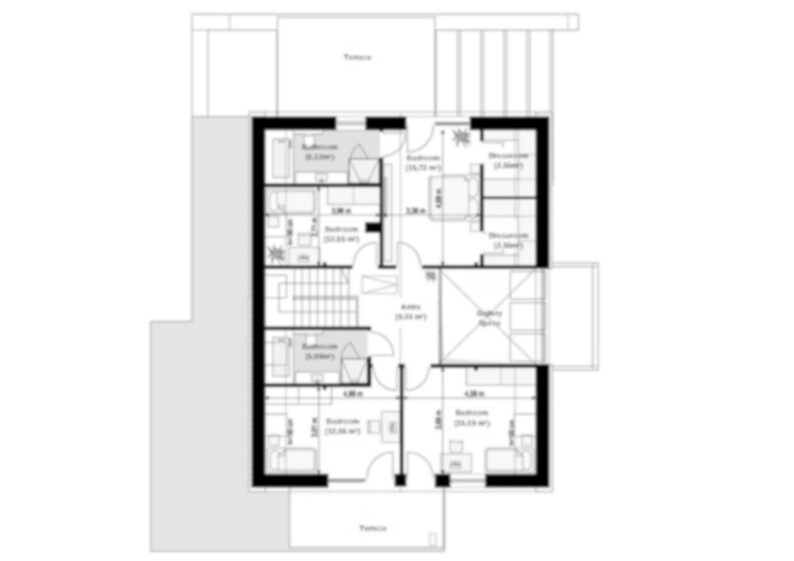 First-floor plan featuring multiple bedrooms, bathrooms, and a spacious terrace. Designed for villa plans or luxury modern house plans with ample living space.