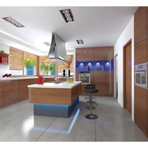 May include: A kitchen featuring wood-grain cabinetry, a central island with a white countertop and blue under-cabinet lighting, stainless steel appliances, a silver range hood, and three black bar stools on a light gray tiled floor.