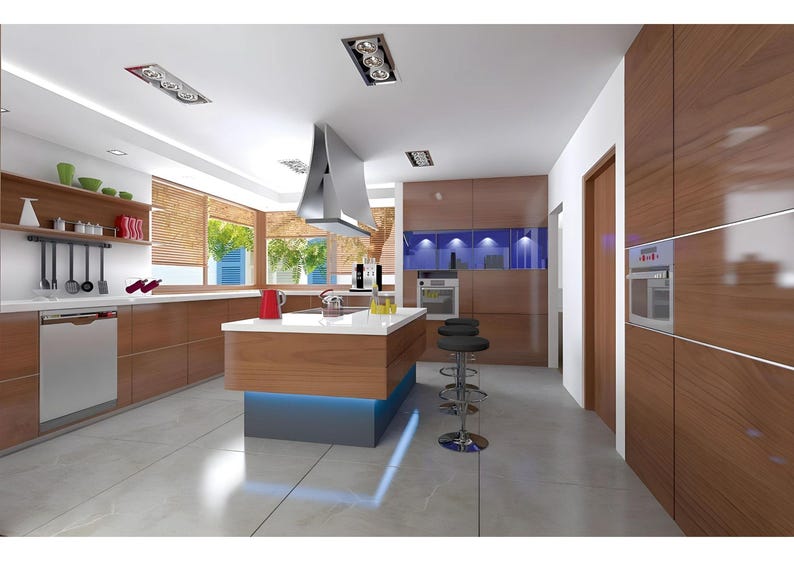 May include: A kitchen featuring wood-grain cabinetry, a central island with a white countertop and blue under-cabinet lighting, stainless steel appliances, a silver range hood, and three black bar stools on a light gray tiled floor.