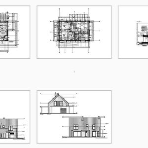 Comprehensive architectural drawings including floor plans, elevations, and cross-sections for a modern house. Ideal for detailed house blueprints and construction planning.