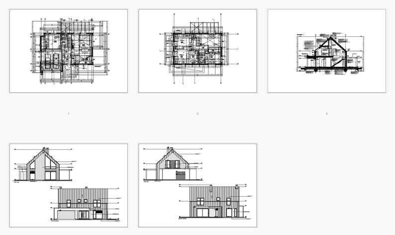 Comprehensive architectural drawings including floor plans, elevations, and cross-sections for a modern house. Ideal for detailed house blueprints and construction planning.