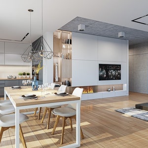 A chic dining area connected to an open kitchen, featuring Scandinavian design elements and a contemporary aesthetic. Perfect for modern house plans.