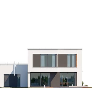 Side view of a contemporary villa with a flat roof, large windows, and clean geometric design, showcasing modern house plans
