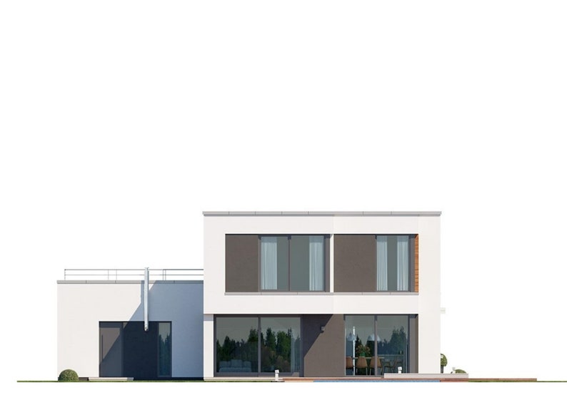 Side view of a contemporary villa with a flat roof, large windows, and clean geometric design, showcasing modern house plans