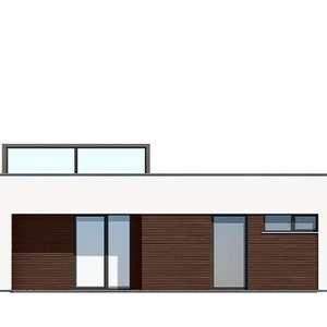 Side view of a sleek modern home featuring wood accents and minimalist design. Great for cottage house plans or compact designs.